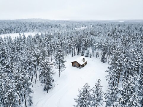 Remote Wooden Cabin Nestled in a Vast SnowCovered Forest in Winter.