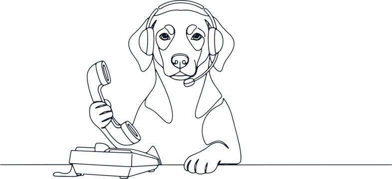 Line art dog wearing headset holding telephone receiver on desk, customer service concept.
