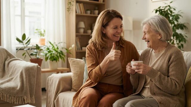 Caucasian woman and senior woman talking and laughing on couch. Relationship concept showing conversation and agreement.
