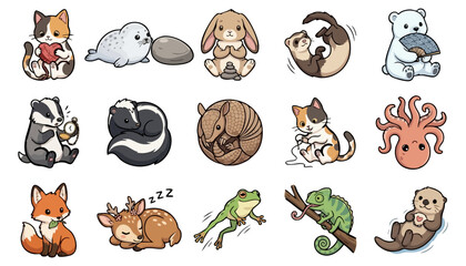 Fototapeta premium Cute Kawaii Baby Animals Set Happy Wildlife Stickers Vector