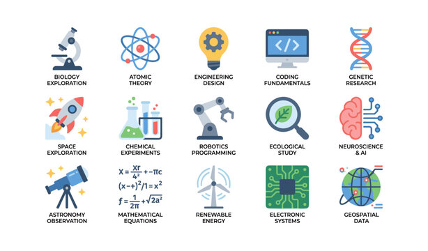Science and technology icons representing research and study