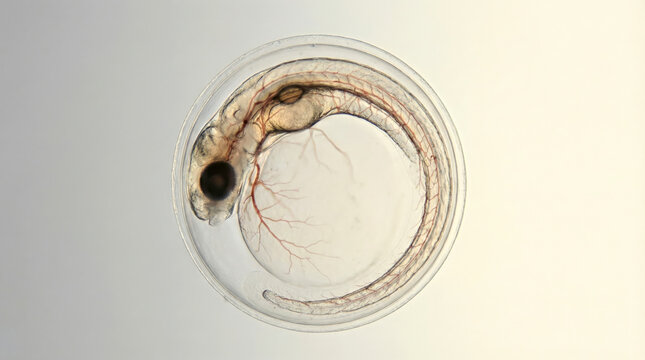 Zebrafish embryo microscopy with visible heartbeat and blood flow, developmental biology model
