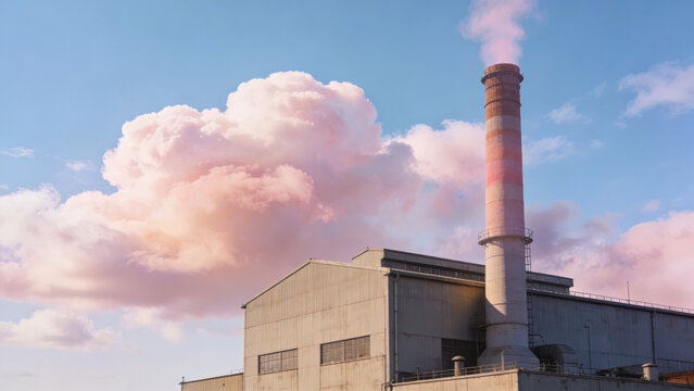 Industrial power plant with tall smokestack emitting pink smoke against a blue sky with fluffy clouds, showcasing modern architecture and environmental impact