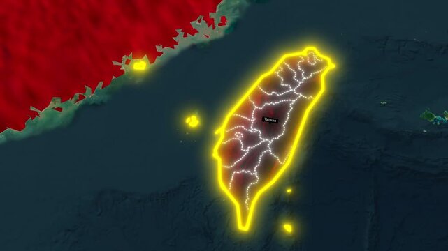 Map of China and Taiwan with Flag Textures and Glowing Borders, 4K Geopolitical Animation