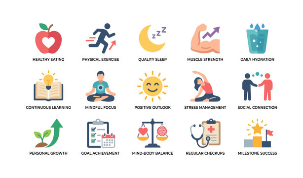 Wellness and self care icons illustrating healthy lifestyle and habits