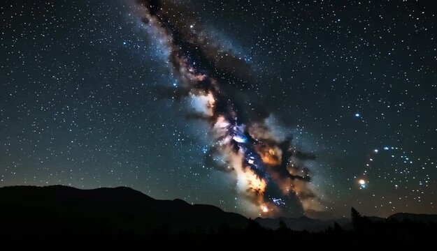 Night sky filled with Milky Way above mountain silhouette with smooth timelapse stars and minimal composition creating clean cosmic landscape