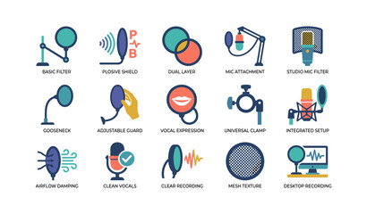 Fototapeta premium Microphone pop filter and accessory icons arranged on grid