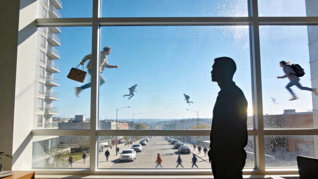 Silhouette Watching People Fly Across Blue Sky Above Busy City Street, Surreal Everyday Commute Concept
