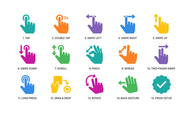Touch gesture icons demonstrating taps swipes and multi finger actions
