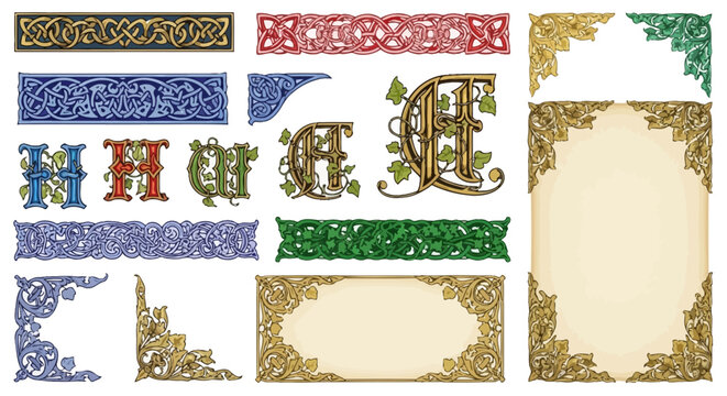 Medieval Illuminated Manuscript Vector Border Collection &ndash; Gothic Botanical and Gold Leaf Elements