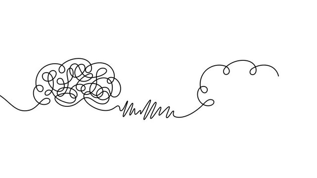 Abstract brain chaos turning into sad emotion face animation concept of stress anxiety mental health problem thinking process alpha channel seamless loop transparent background