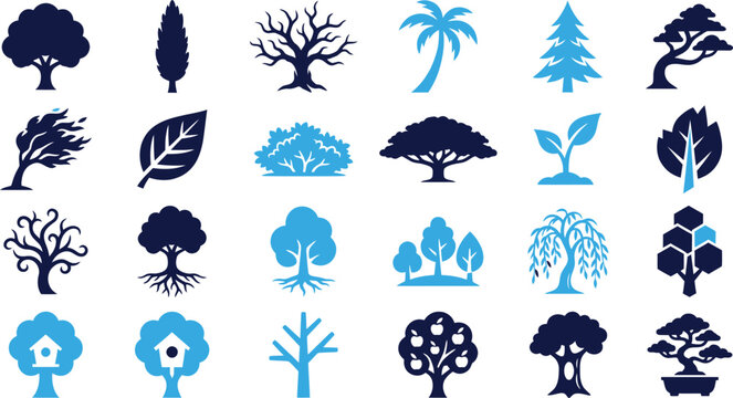 Variety of tree icons representing nature growth and diversity.