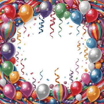 Create a realistic party decoration realistic border, colorful garlands, balloons, and streamers in seamless vector art with white background..