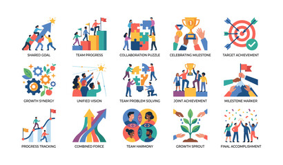 Fototapeta premium Teamwork and achievement icons depicting collaboration and progress