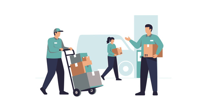 Delivery personnel actively engaged in loading and unloading packages from a van, showcasing efficient logistics and teamwork.