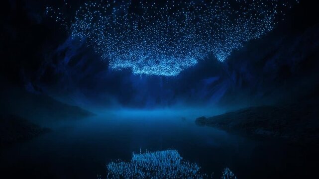 ツチボタル洞窟の天井に広がる青い星座クラスター・水面反射・幻想的な地下空間