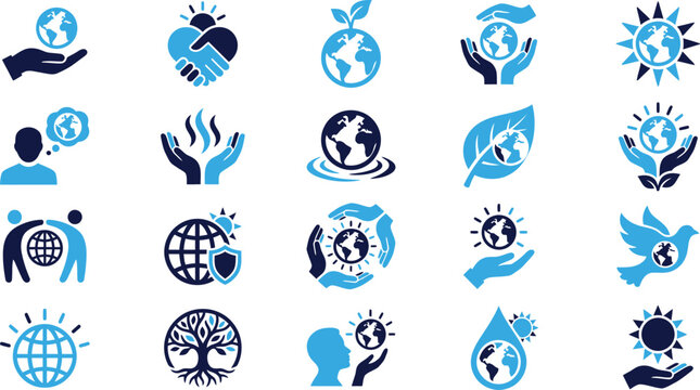Earth and environment icon collection symbolizing global conservation and human care for planet.