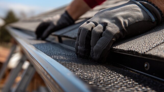 Hand placing gutter guard on roof edge during gutter guard installation and roof maintenance upgrade, showing glove, gutter, shingle and ladder - protecting roof drainage.