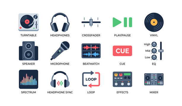 Music and dj icons arranged in grid on white background