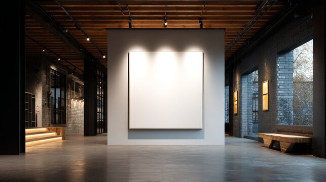 Modern art gallery with an empty canvas and contemporary architecture.