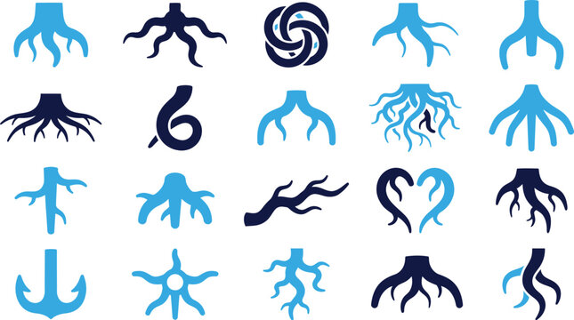 Abstract root system and plant connection graphics in blue and dark blue palette.