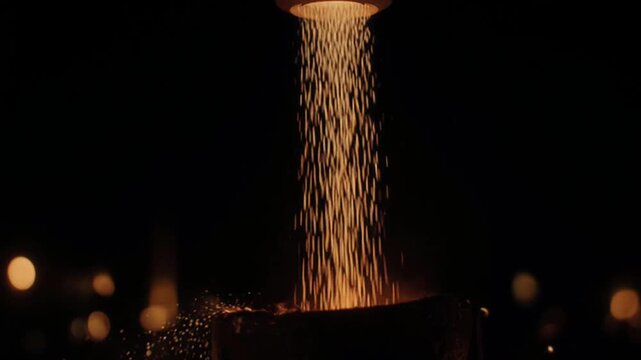 テルミット火花シャワー 下からのアングル マクロ 夜間 溶融鉄落下