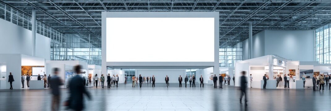 Crowd of people in a modern exhibition hall with a large blank screen.