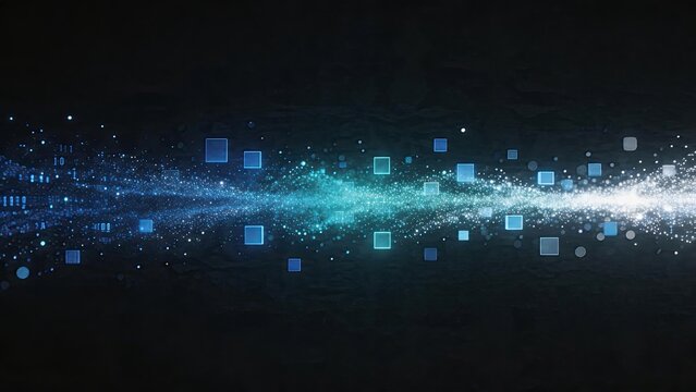 Abstract futuristic technology background featuring blue glowing particles digital squares data stream binary code cyber network concept modern innovation internet of things cloud