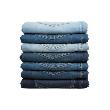 A precise stack of six neatly folded denim jeans showcasing a vibrant color gradient, realistic stitching, and crisp folds on a neutral gray surface, high-end catalogue aesthetic
