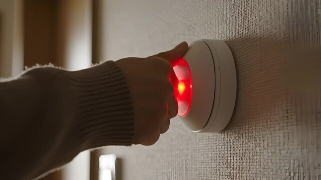 Closeup of a hand pressing a smoke detector button with a red light illuminating.