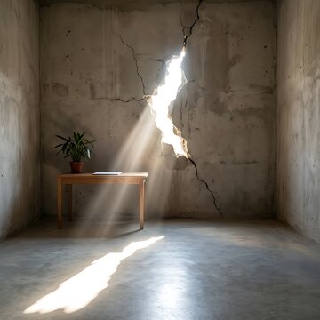 Sunlight streaming through a large crack in a concrete wall illuminating a plant on a table in a minimalist room.