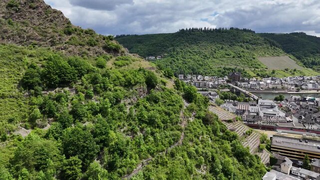 Aerial view of Cochem town and Moselle river vineyards Germany