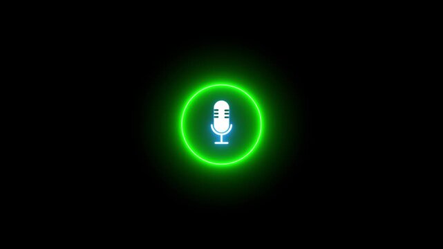 Glowing Voice recording podcast mic microphone button icon animation on black background.