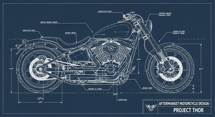 Detailed blueprint schematic of a custom motorcycle engine. © Silah