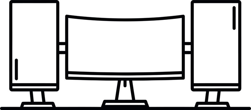 Minimalist line drawing of a modern computer setup with ultrawide monitor and speakers