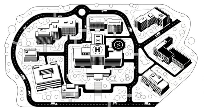 Aerial view of a modern hospital complex with surrounding roads and buildings.