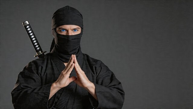 Male warrior in ninja costume with katana sword on back traditional martial arts uniform serious expression against dark studio background for action or fighting concept