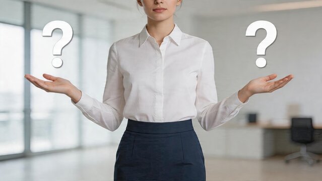 Business woman unsure about decision making dilemma choosing between two options confusion doubt thinking process uncertainty standing in modern office environment
