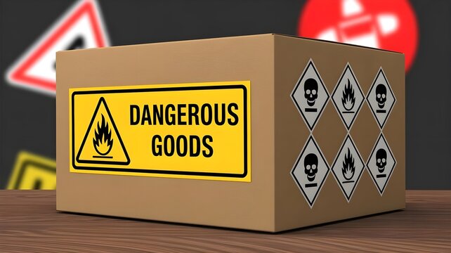 Brown cardboard box with hazardous materials warning labels on a wooden surface