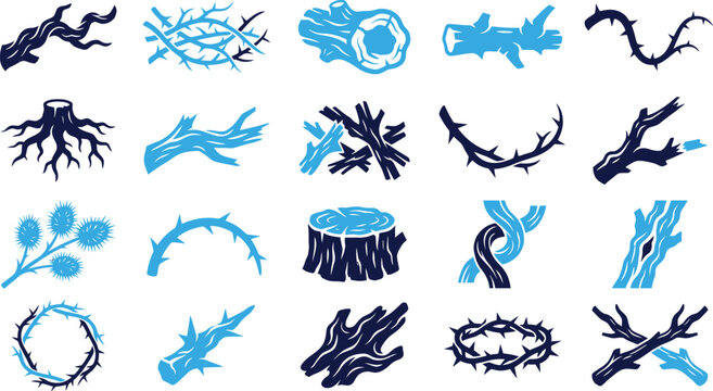Collection of natural elements including branches thorns tree stumps and wood textures.