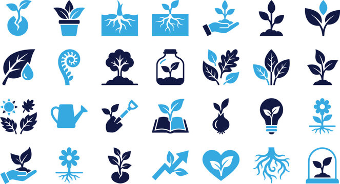 Set of blue and dark blue plant and growth icons for nature and garden vector symbols.