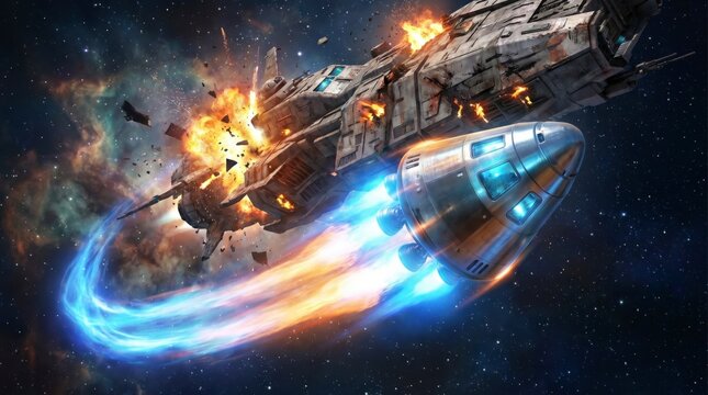 Spaceship Escape Pod Launching from Damaged Vessel Amidst Explosion