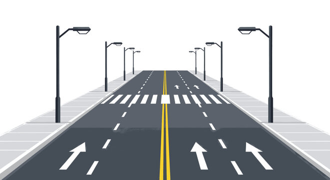 Straight asphalt road illustration with clear lane markings, pedestrian crosswalk, and modern streetlights, symbolizing urban travel, infrastructure, and forward direction