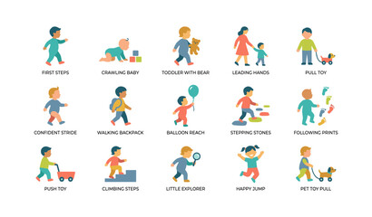 Fototapeta premium Children walking and playing icons depicting toddler mobility activities