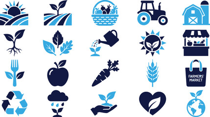 Farm and agriculture icons with tractor barn crops sun and basket for healthy food farming themes. © PolashMONI