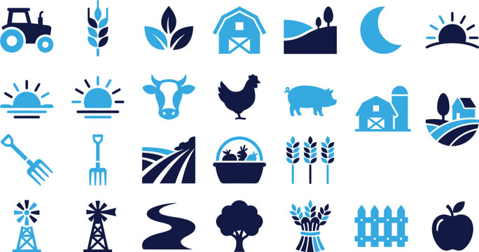 Group of blue and dark blue farm and agriculture icons for rural and food themes.
