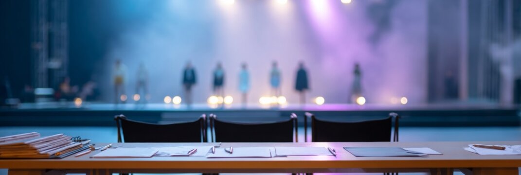 Judges' table overlooking a vibrant fashion runway scene with illuminated silhouettes.