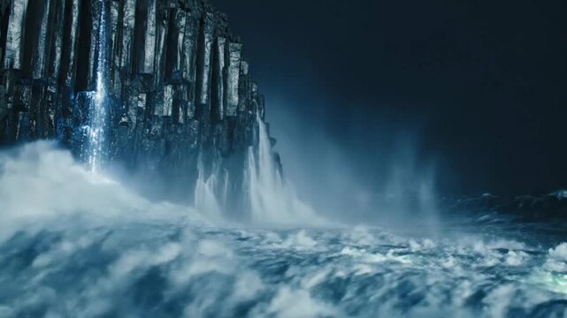 Dramatic basalt columns and powerful waterfall in Iceland at dusk