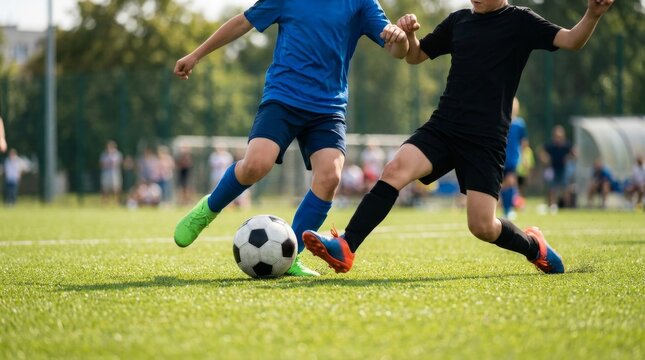 Soccer players running and kicking a soccer ball. Legs of two young football players on a match. Kids Soccer Players Dribbling and Tackling for Ball on Pitch with Legs Close Up and Copy Space