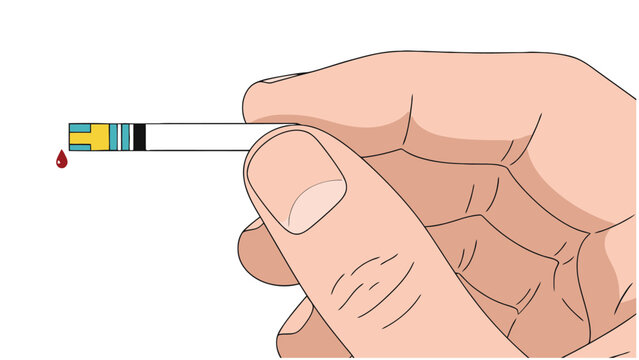 Close-up of a human hand holding a blood glucose test strip with a drop of blood for diabetes monitoring and health management.